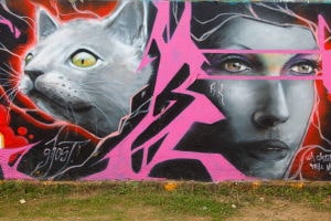 Grafiti de gato y chica